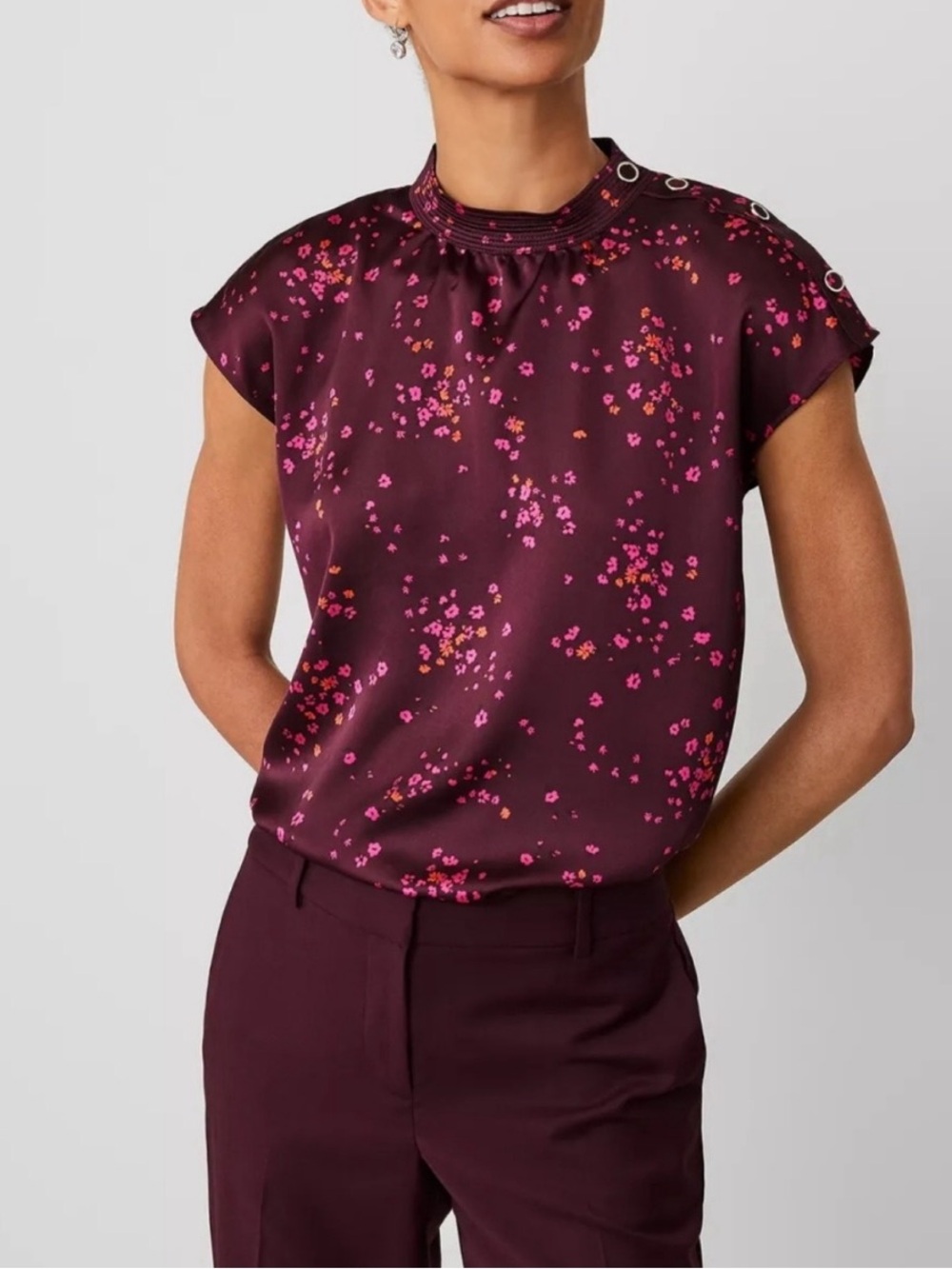 Ann Taylor Burgundy Floral Cap-Sleeve Blouse- XL NWT